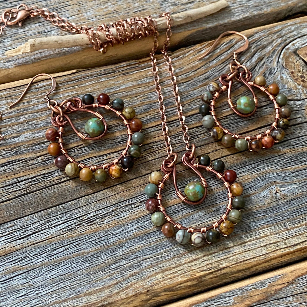 Red Creek Jasper Hoop Earrings | Copper Wire Wrapped Boho Dangles