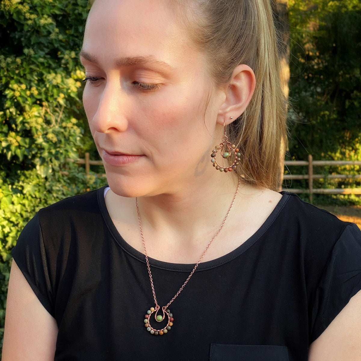 Red Creek Jasper Hoop Earrings | Copper Wire Wrapped Boho Dangles