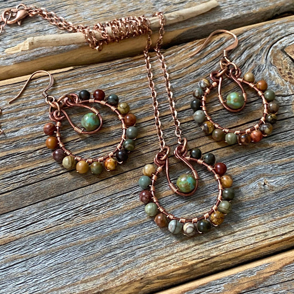 Red Creek Jasper Jewelry Set – Copper Necklace and Hoop Earrings