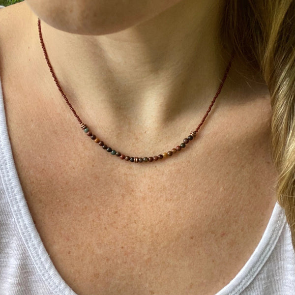 Red Creek Jasper Natural Stone Necklace, Earth Tone Layering Jewelry, Copper Clasp