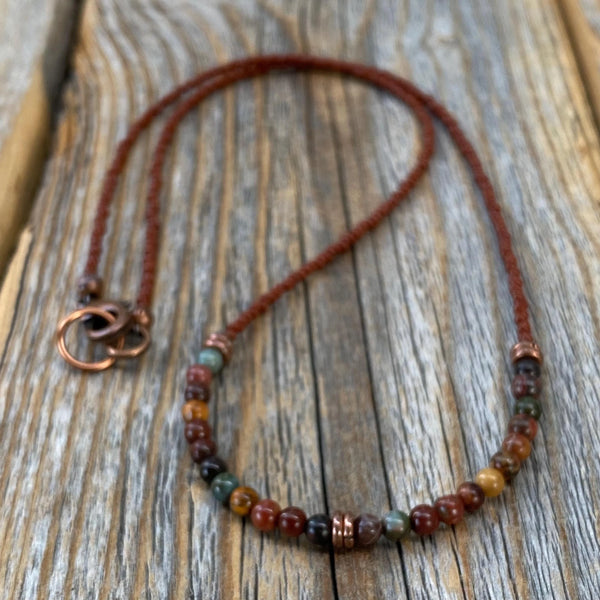 Red Jasper Beaded Necklace, Copper Clasp, Czech Glass Beads