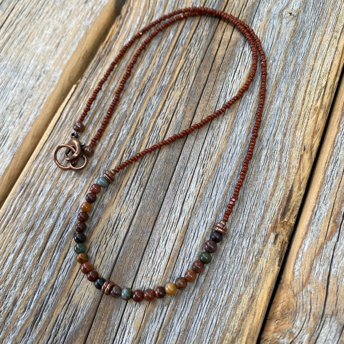 Red Jasper Beaded Necklace, Copper Clasp, Czech Glass Beads