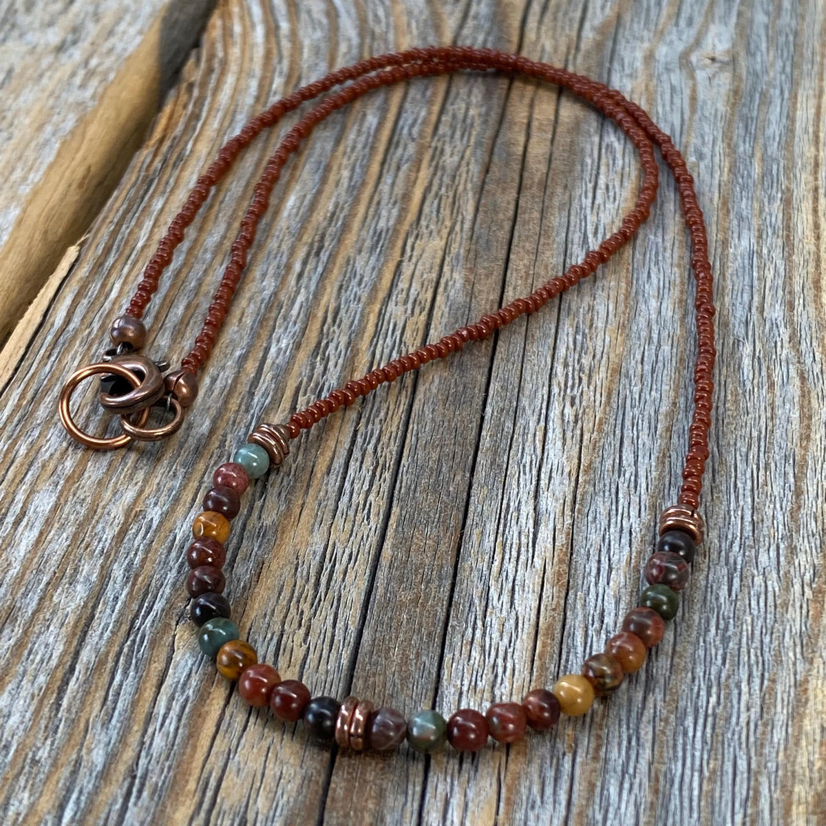 Red Jasper Beaded Necklace, Copper Clasp, Czech Glass Beads