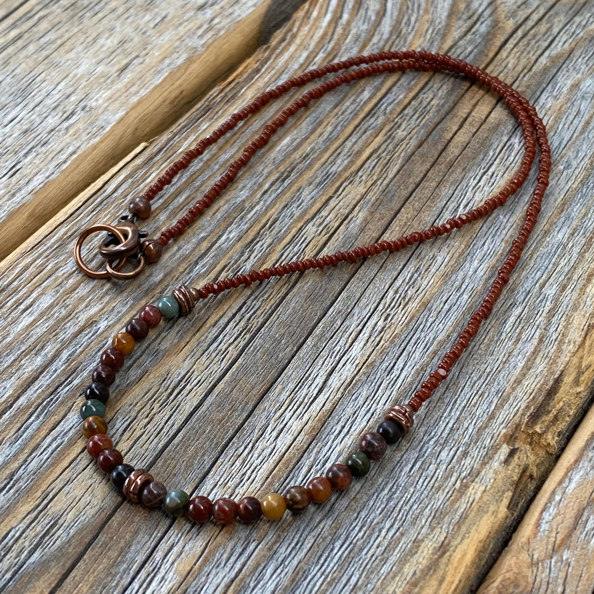 Red Jasper Beaded Necklace, Copper Clasp, Czech Glass Beads