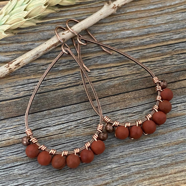Red Jasper Teardrop Earrings, Handmade Copper Wire Wrapped Dangles