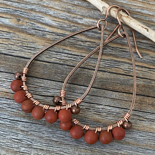 Red Jasper Teardrop Earrings, Handmade Copper Wire Wrapped Dangles