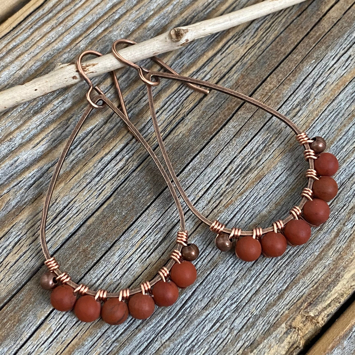 Red Jasper Teardrop Earrings, Handmade Copper Wire Wrapped Dangles