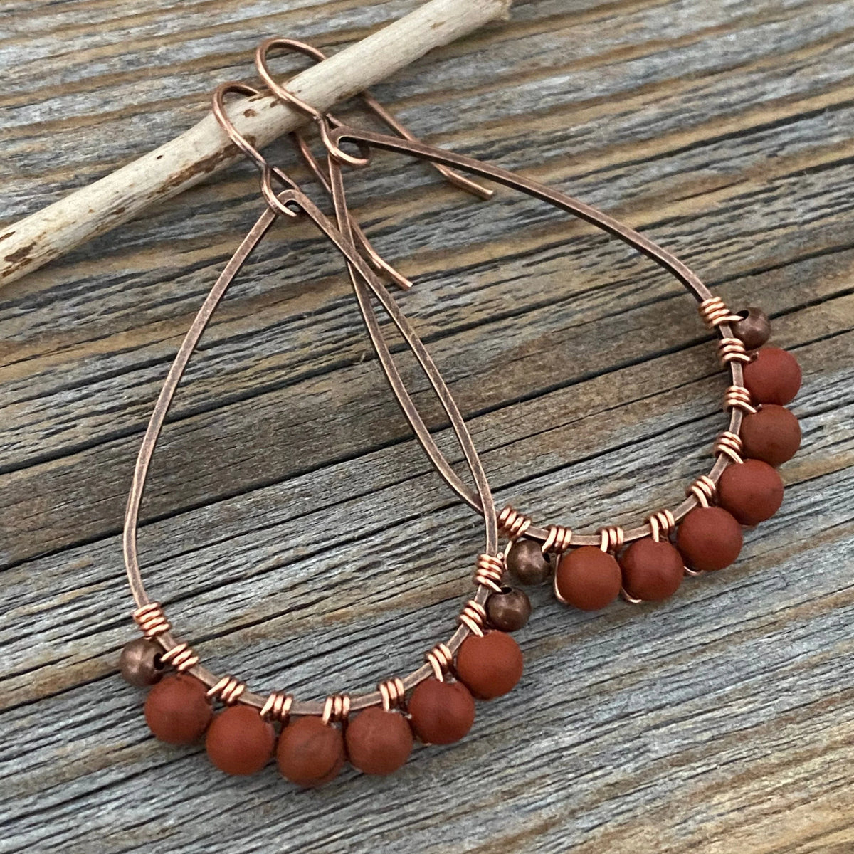 Red Jasper Teardrop Earrings, Handmade Copper Wire Wrapped Dangles