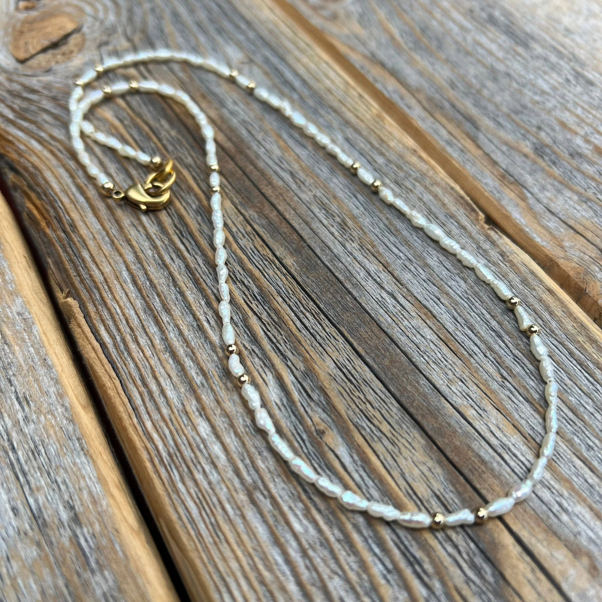 Rice Pearl Beaded Necklace – 14k Gold Accents, Delicate Jewelry
