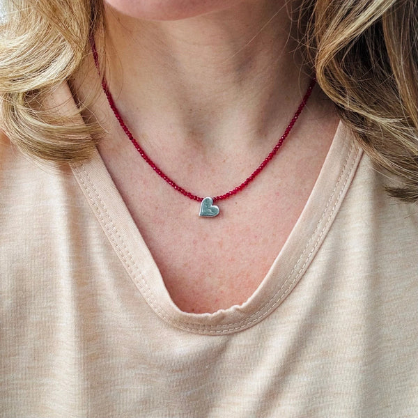 Ruby Beaded Sterling Silver Heart Necklace – Dainty Handmade Jewelry
