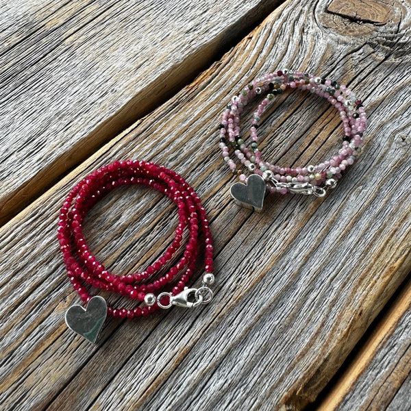 Ruby Beaded Sterling Silver Heart Necklace – Dainty Handmade Jewelry