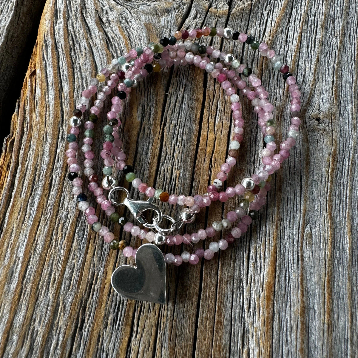 Ruby Beaded Sterling Silver Heart Necklace – Dainty Handmade Jewelry
