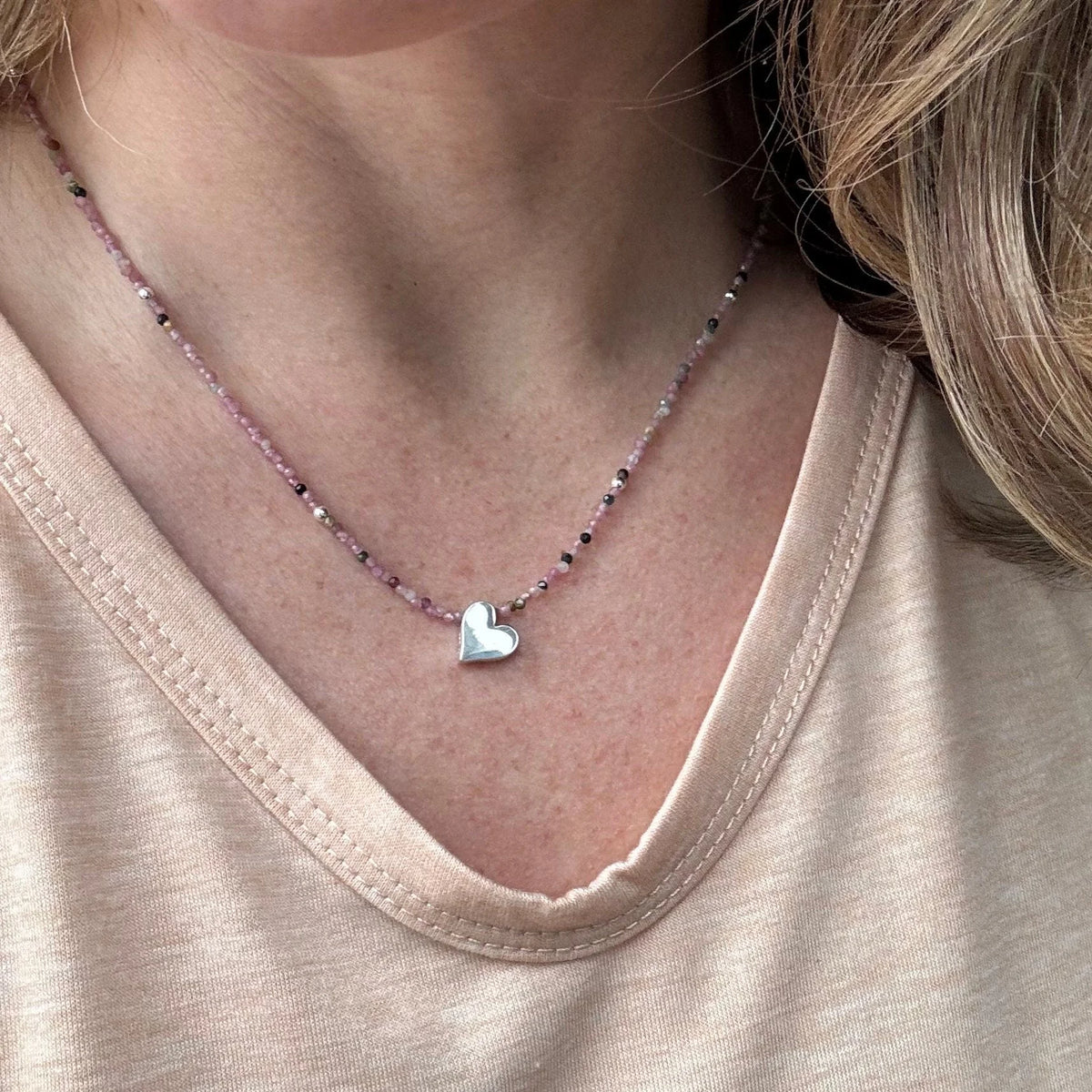 Ruby Beaded Sterling Silver Heart Necklace – Dainty Handmade Jewelry