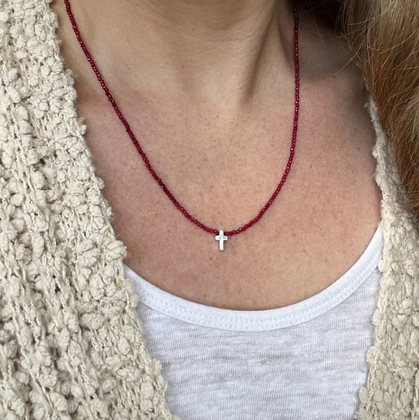 Ruby Cross Necklace | Sterling Silver Tiny Cross, Beaded Choker