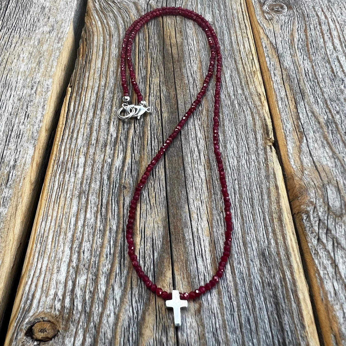 Ruby Cross Necklace | Sterling Silver Tiny Cross, Beaded Choker