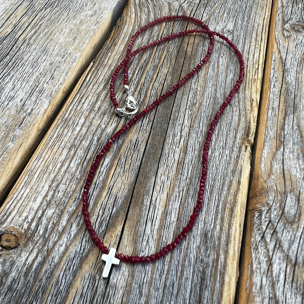 Ruby Cross Necklace | Sterling Silver Tiny Cross, Beaded Choker