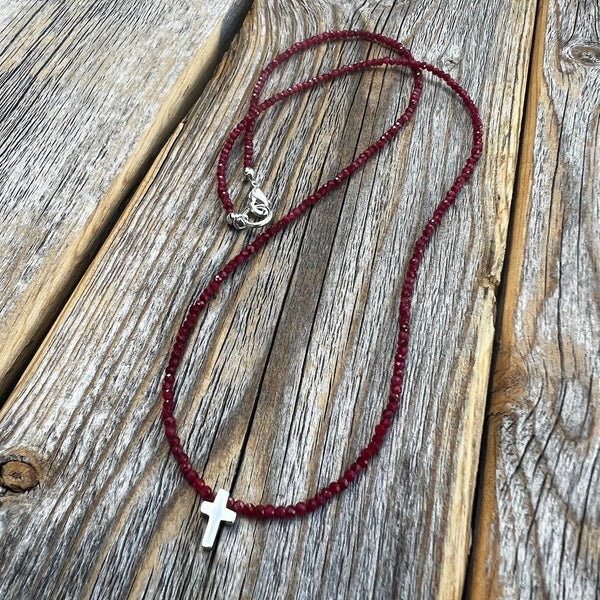 Ruby Cross Necklace | Sterling Silver Tiny Cross, Beaded Choker