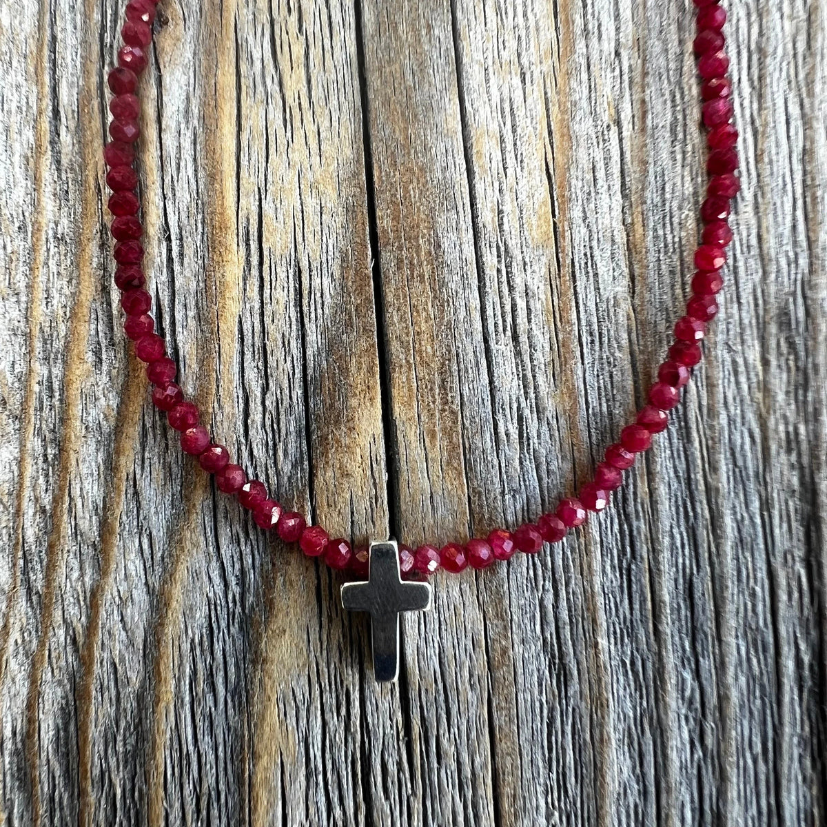 Ruby Cross Necklace | Sterling Silver Tiny Cross, Beaded Choker