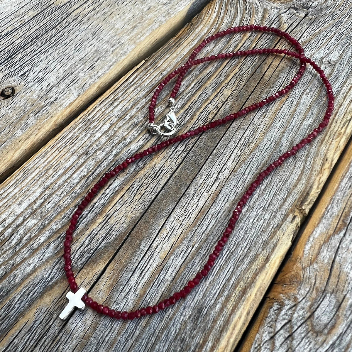 Ruby Cross Necklace | Sterling Silver Tiny Cross, Beaded Choker