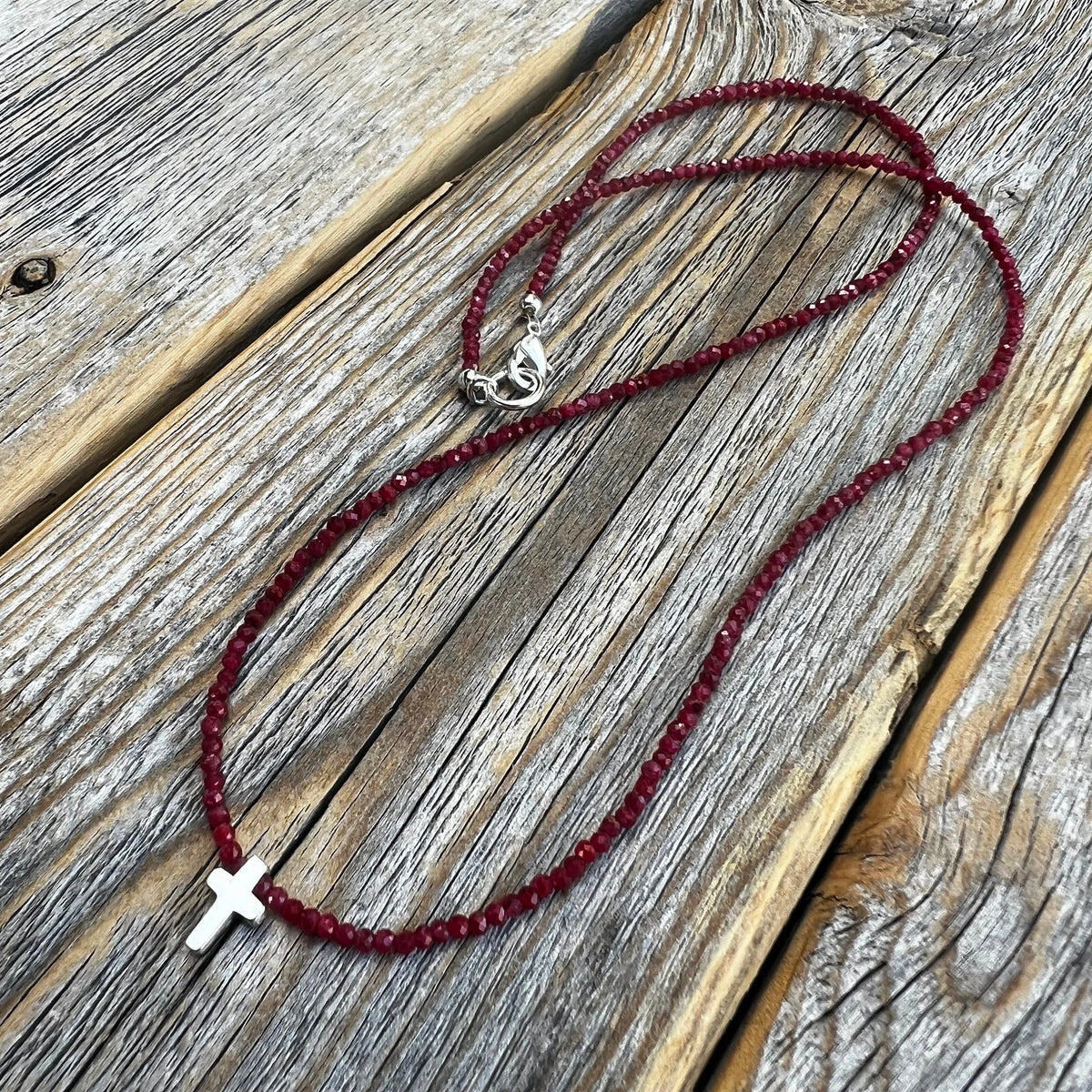 Ruby Cross Necklace | Sterling Silver Tiny Cross, Beaded Choker