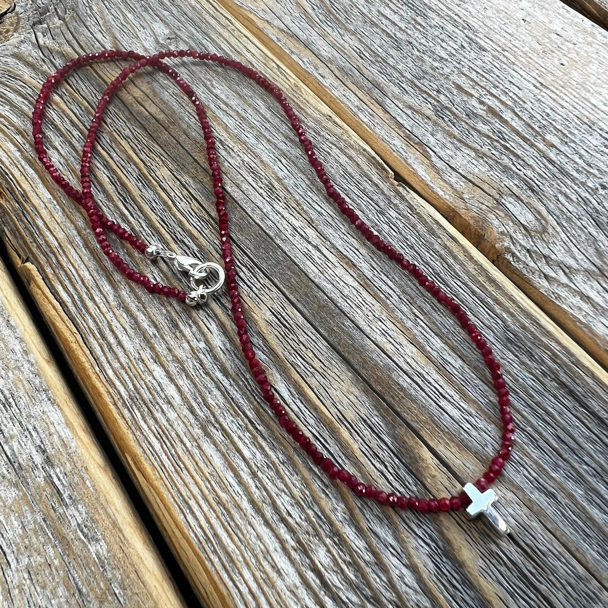 Ruby Cross Necklace | Sterling Silver Tiny Cross, Beaded Choker