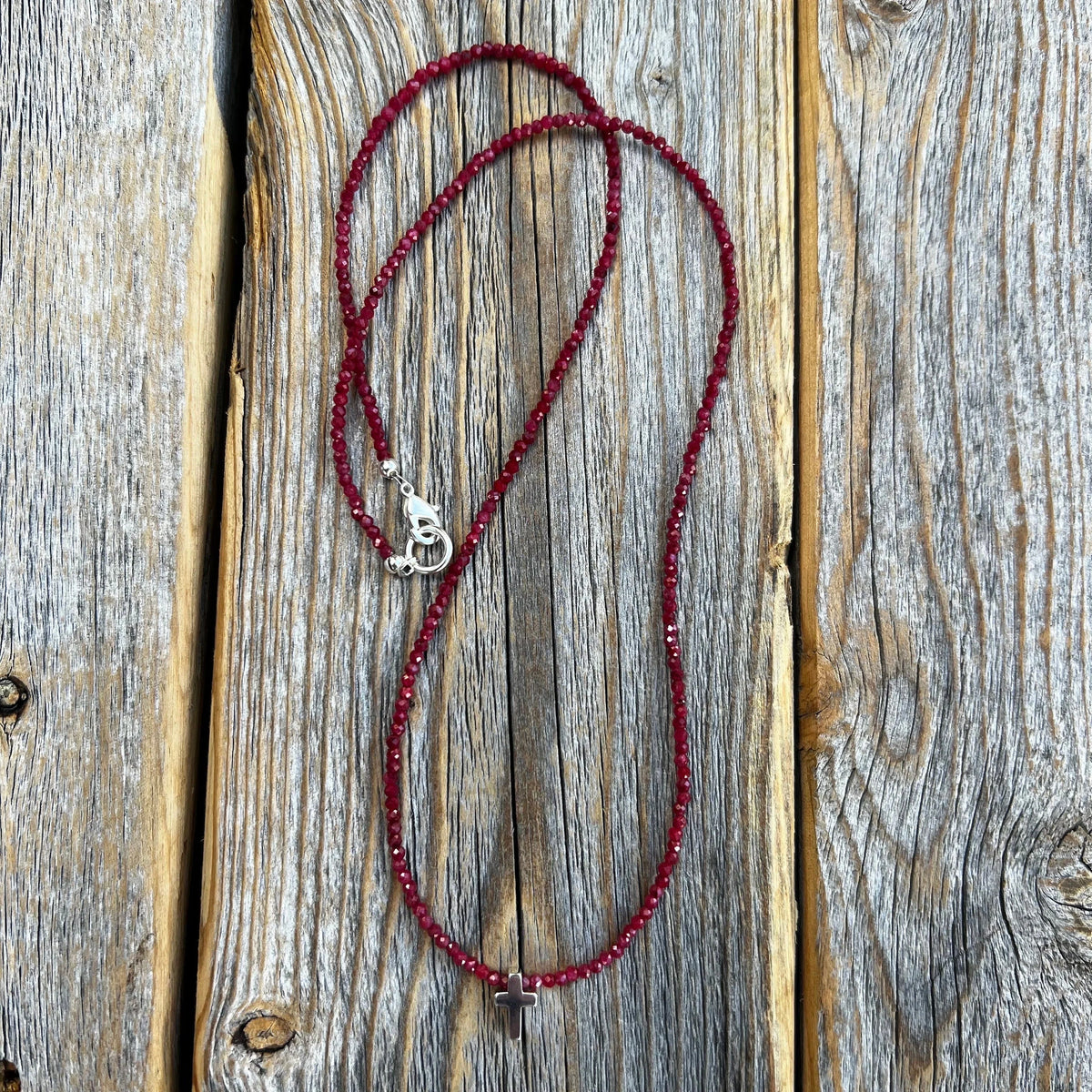 Ruby Cross Necklace | Sterling Silver Tiny Cross, Beaded Choker