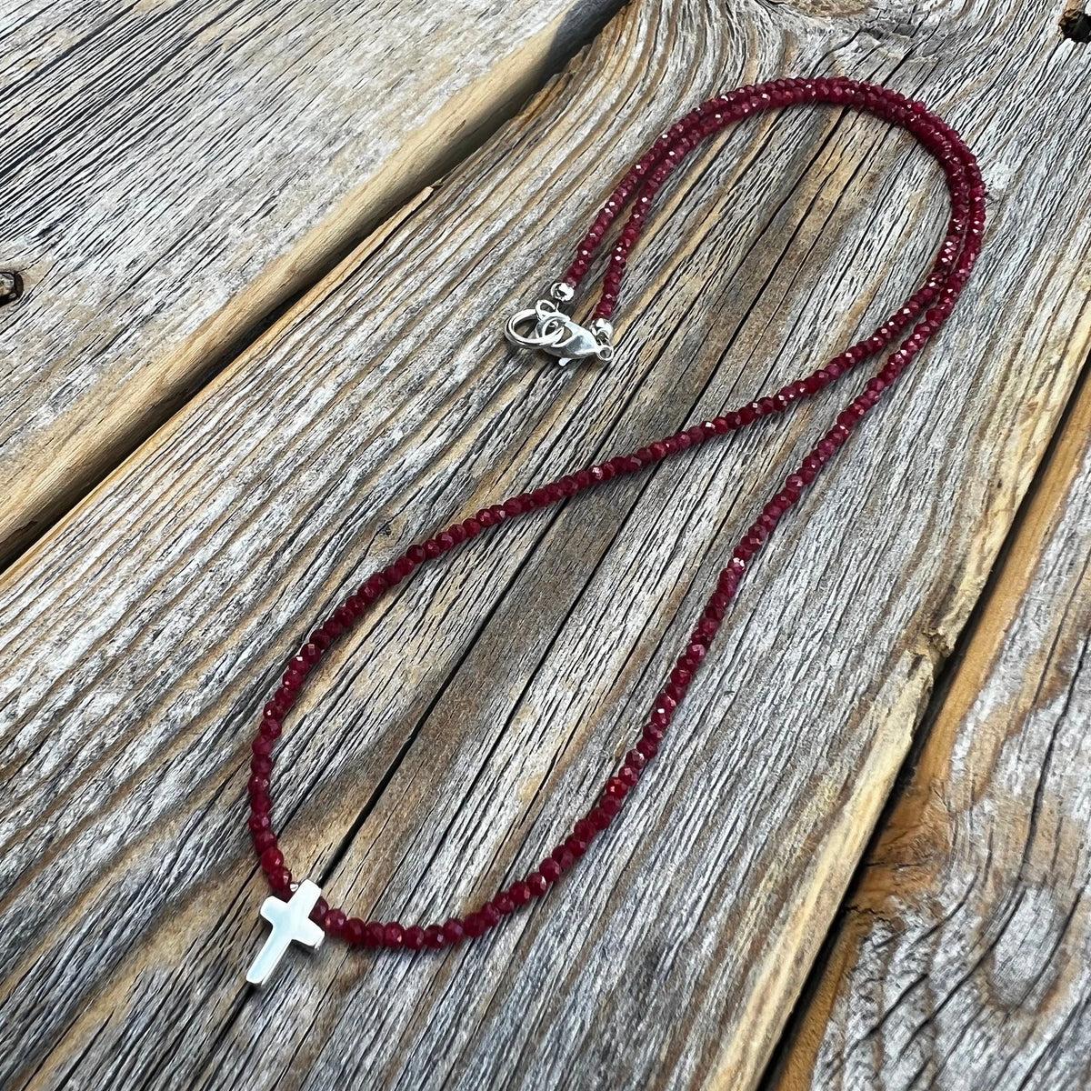 Ruby Cross Necklace | Sterling Silver Tiny Cross, Beaded Choker