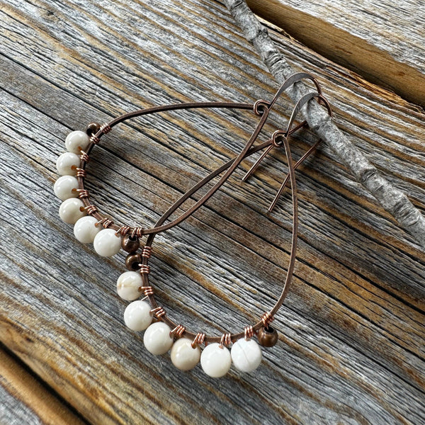 Rustic Fossil Jasper Copper Earrings, Boho Wedding Jewelry