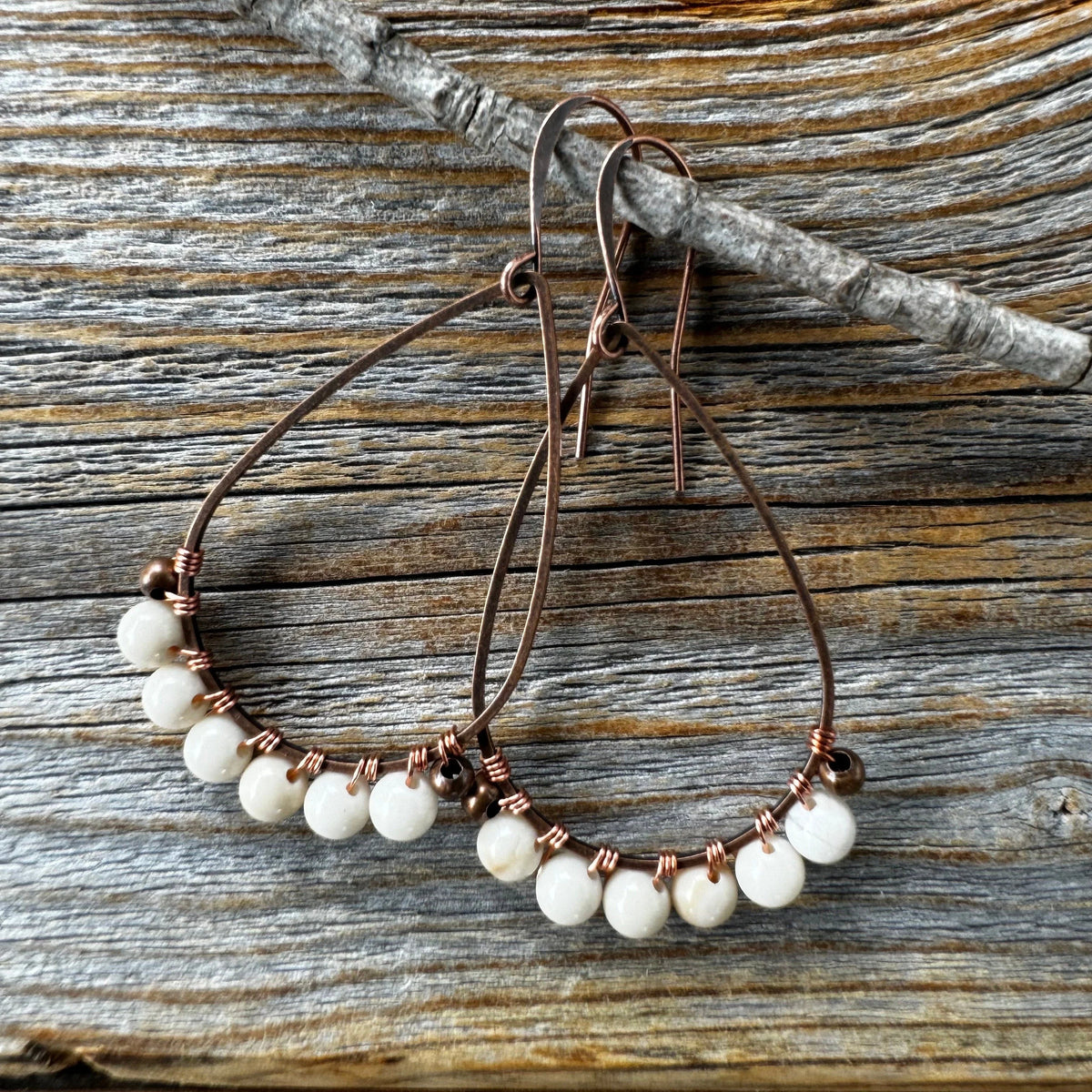 Rustic Fossil Jasper Copper Earrings, Boho Wedding Jewelry