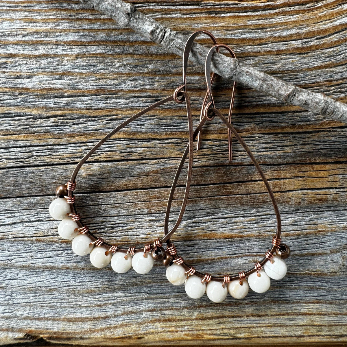 Rustic Fossil Jasper Copper Earrings, Boho Wedding Jewelry