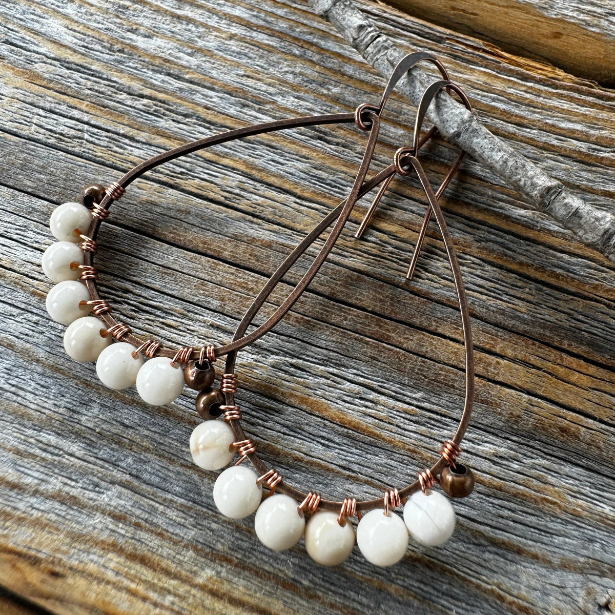 Rustic Fossil Jasper Copper Earrings, Boho Wedding Jewelry