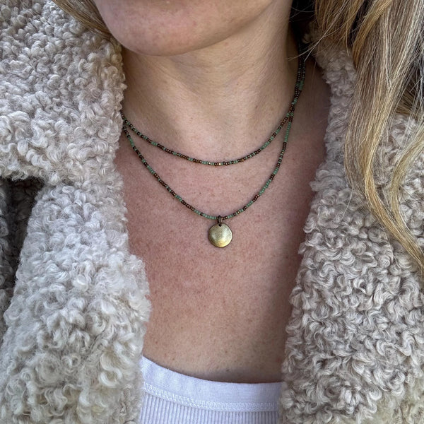 Sage Green Seed Bead Layered Necklace, Bronze Disc Pendant, Everyday Jewelry