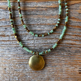 Sage Green Seed Bead Layered Necklace, Bronze Disc Pendant, Everyday Jewelry