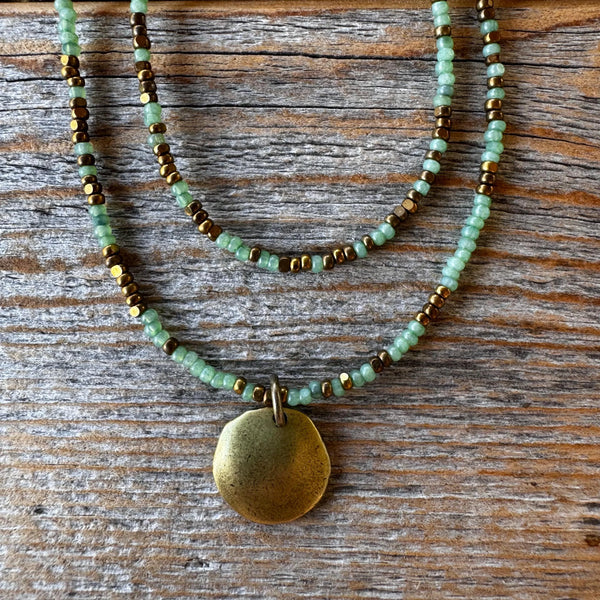 Sage Green Seed Bead Layered Necklace, Bronze Disc Pendant, Everyday Jewelry