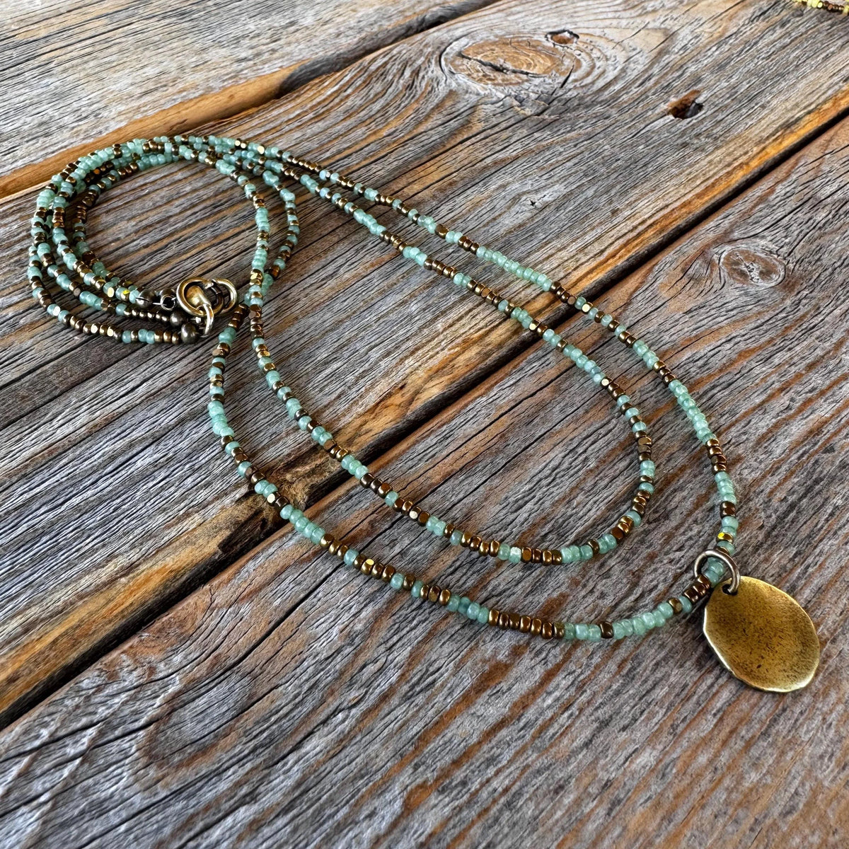 Sage Green Seed Bead Layered Necklace, Bronze Disc Pendant, Everyday Jewelry