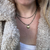 Sage Green Seed Bead Layered Necklace, Bronze Disc Pendant, Everyday Jewelry