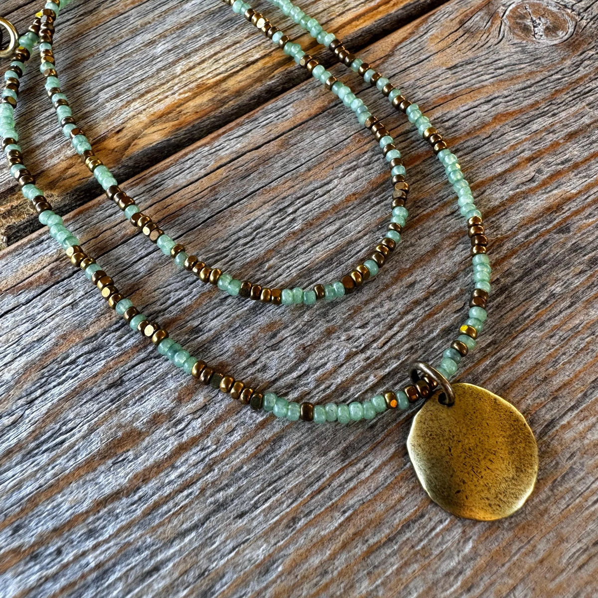 Sage Green Seed Bead Layered Necklace, Bronze Disc Pendant, Everyday Jewelry