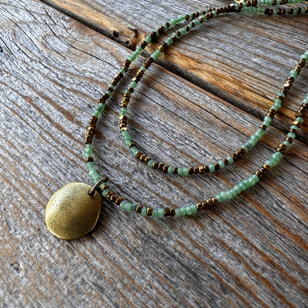 Sage Green Seed Bead Layered Necklace, Bronze Disc Pendant, Everyday Jewelry