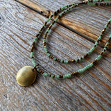 Sage Green Seed Bead Layered Necklace, Bronze Disc Pendant, Everyday Jewelry