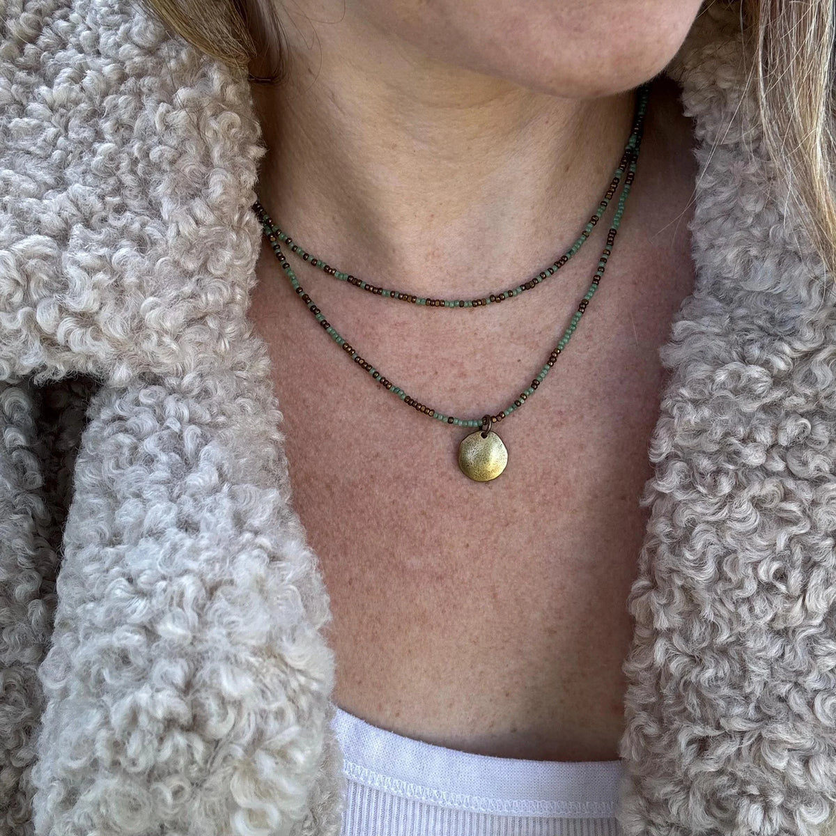 Sage Green Seed Bead Layered Necklace, Bronze Disc Pendant, Everyday Jewelry