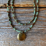 Sage Green Seed Bead Layered Necklace, Bronze Disc Pendant, Everyday Jewelry
