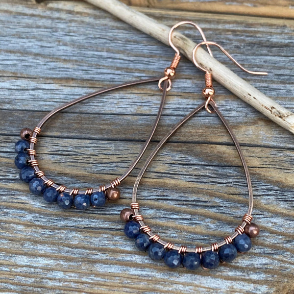 Sapphire Teardrop Earrings – Copper Wire Wrapped Boho Jewelry