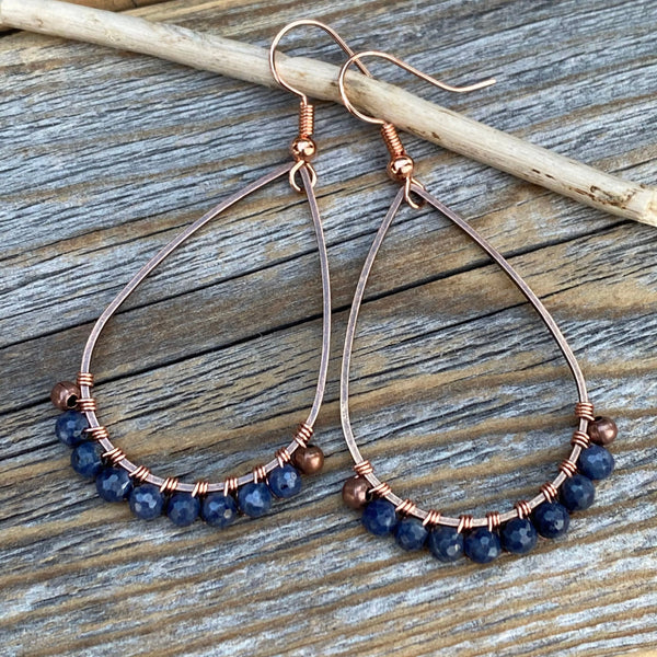 Sapphire Teardrop Earrings – Copper Wire Wrapped Boho Jewelry