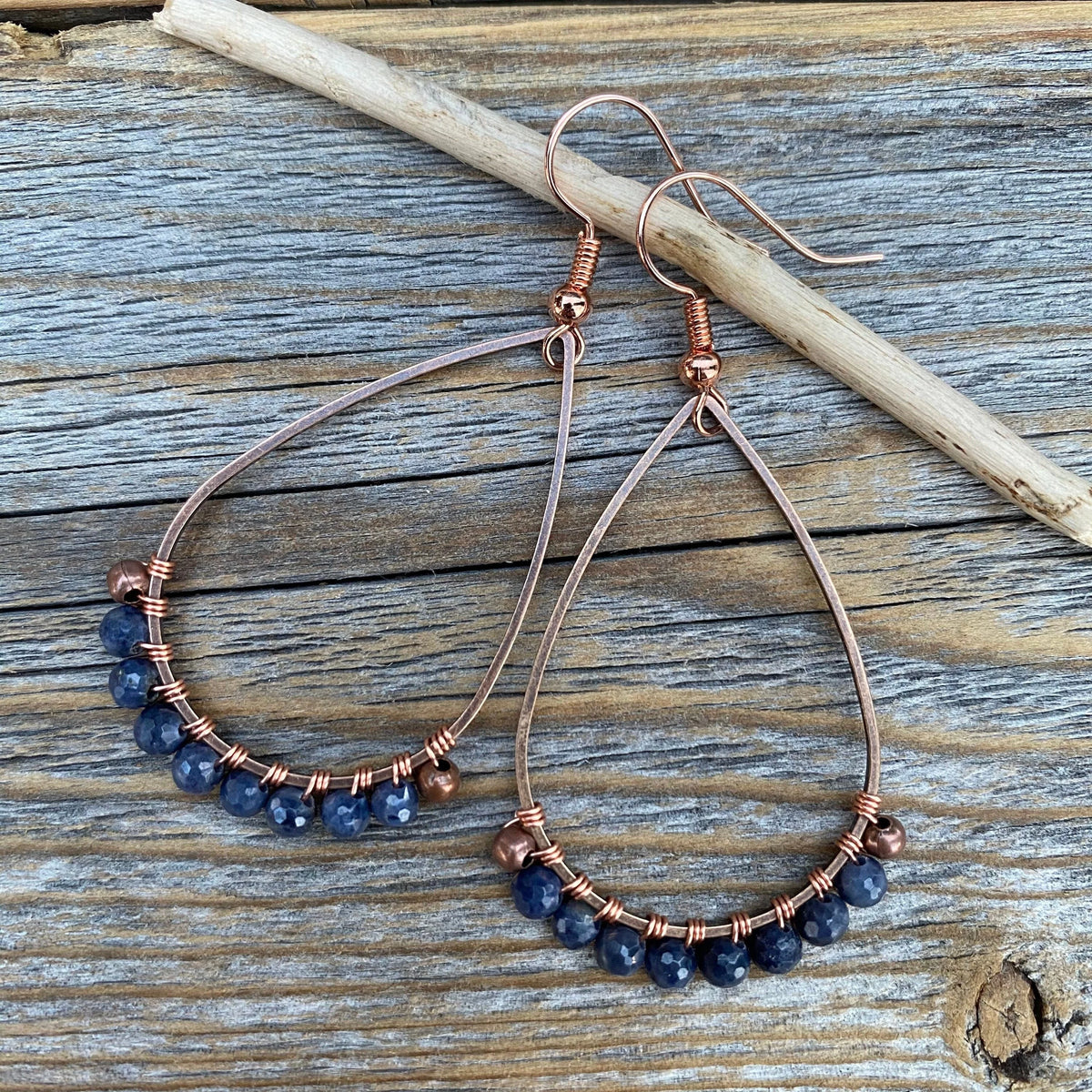 Sapphire Teardrop Earrings – Copper Wire Wrapped Boho Jewelry