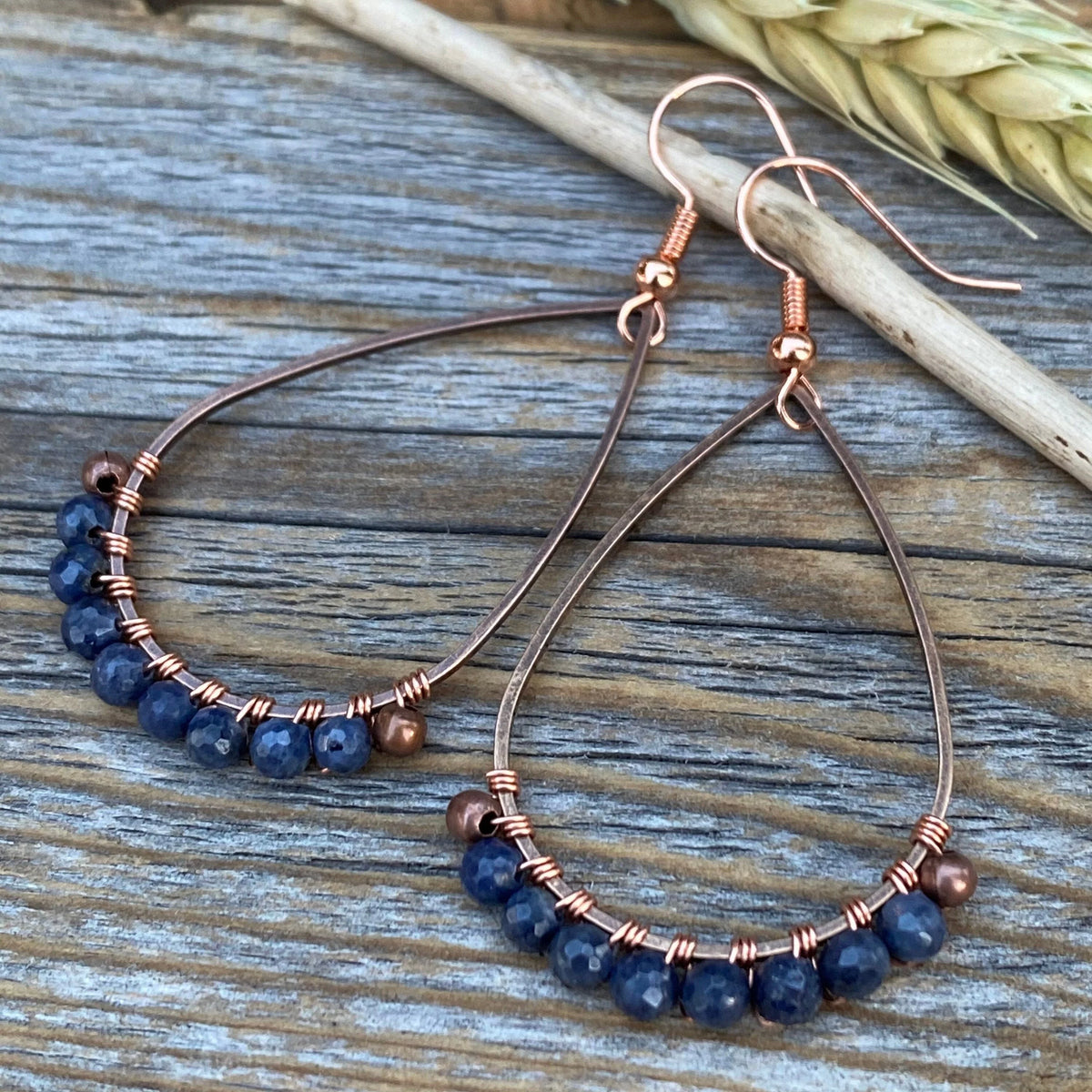 Sapphire Teardrop Earrings – Copper Wire Wrapped Boho Jewelry