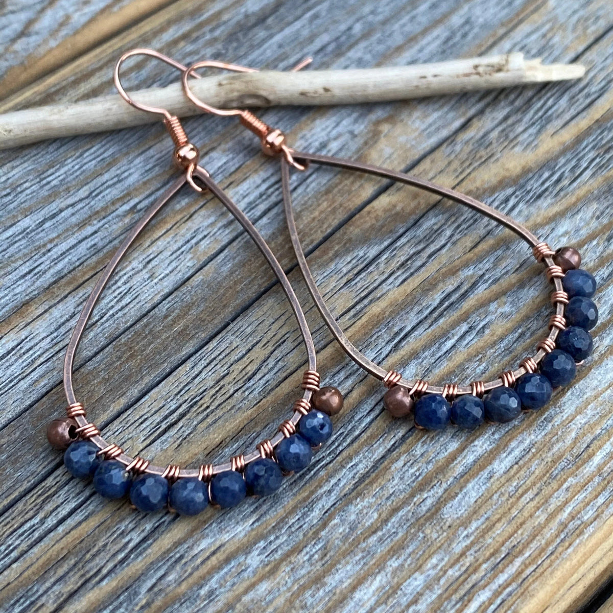 Sapphire Teardrop Earrings – Copper Wire Wrapped Boho Jewelry