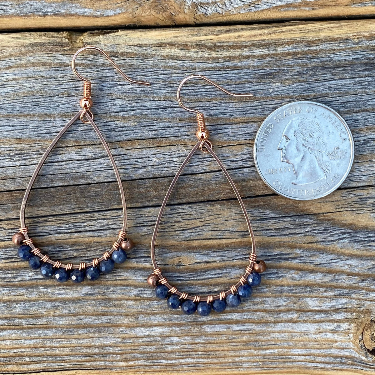 Sapphire Teardrop Earrings – Wire-Wrapped Copper Beaded Jewelry