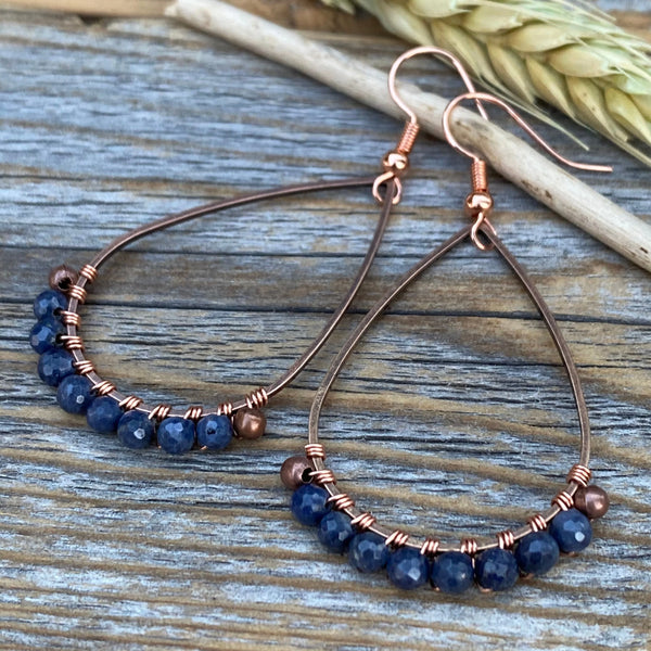 Sapphire Teardrop Earrings – Wire-Wrapped Copper Beaded Jewelry