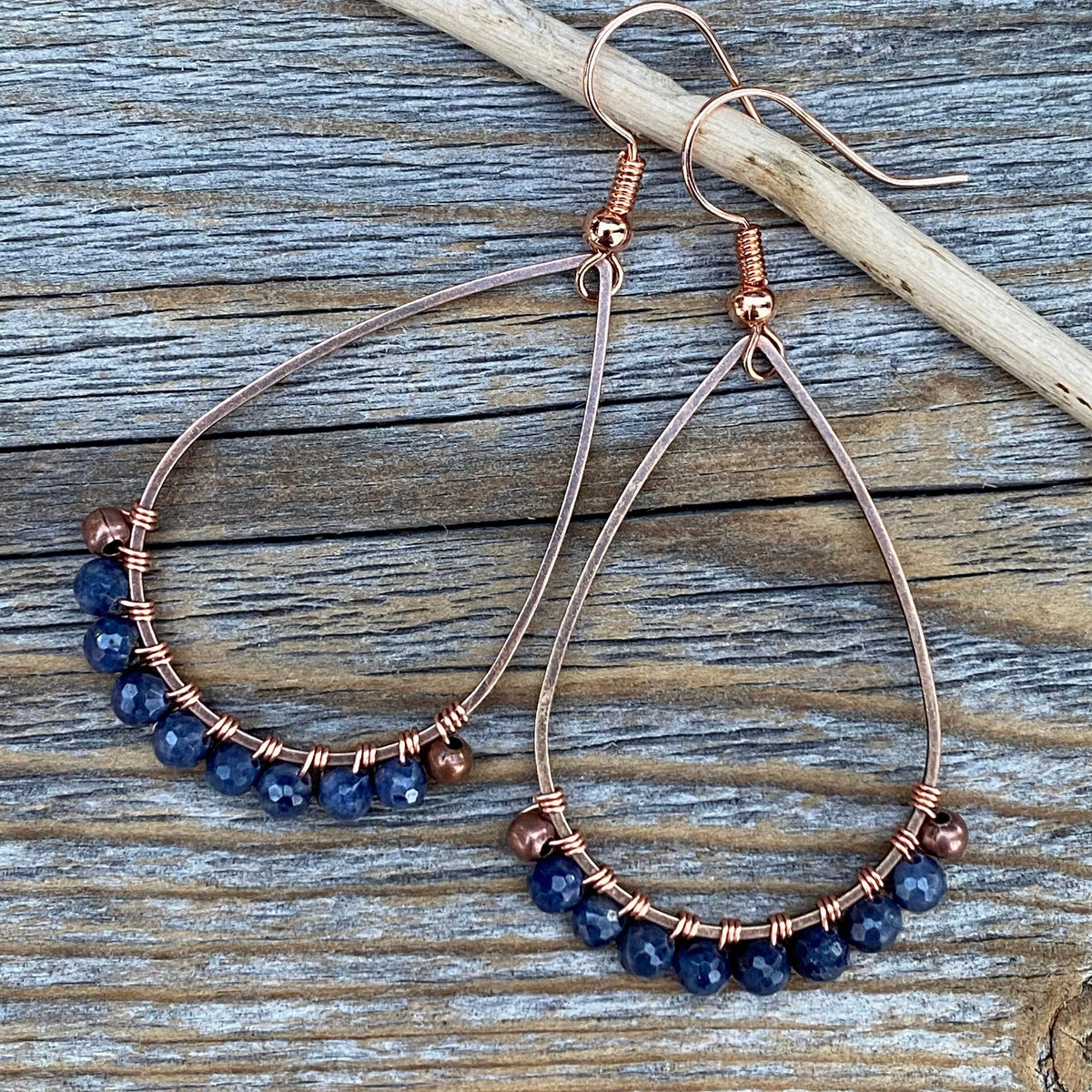 Sapphire Teardrop Earrings – Wire-Wrapped Copper Beaded Jewelry