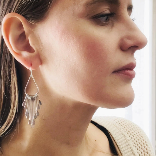Silver Plated Brass Teardrop Fan Earrings, Boho Geometric Dangle Jewelry